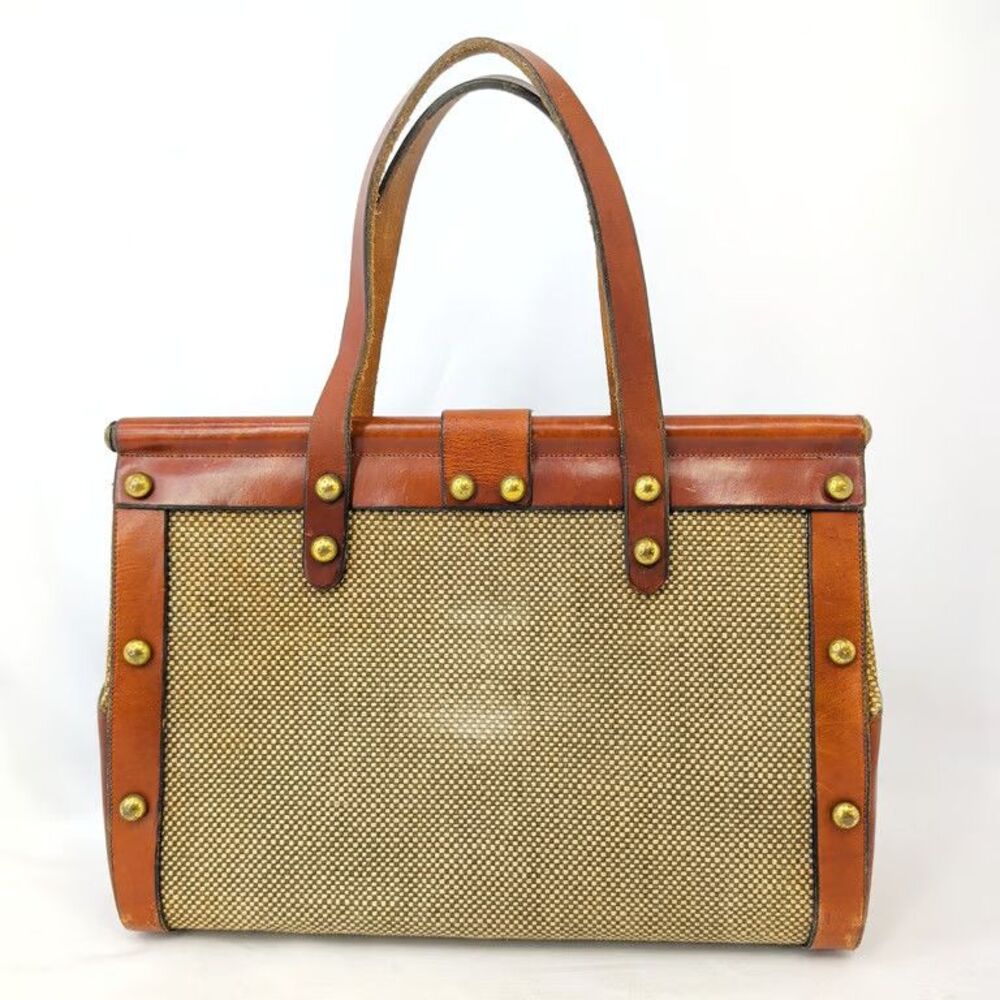 John Romain Vintage Leather Canvas Satchel Bag Je Taime Clasp Studded Brown Tan - Picture 4 of 10